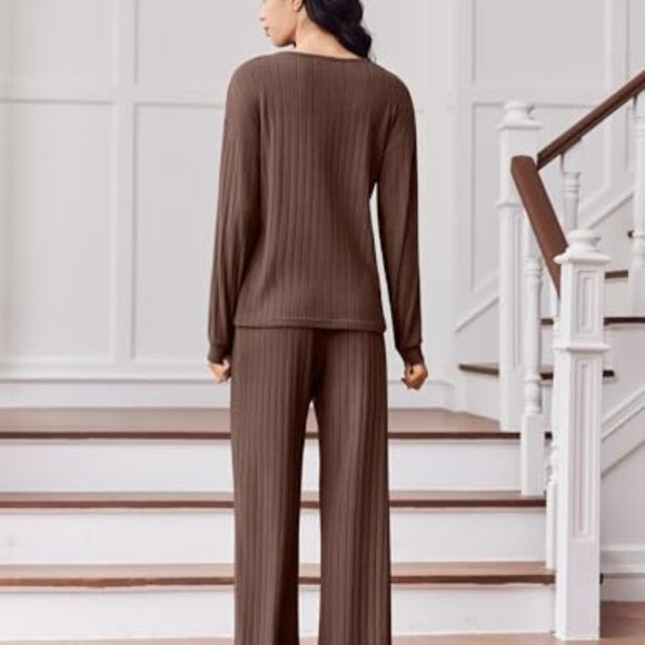 Soft Ribbed Knit Lounge Set Long Sleeve Pajamas 2 Piece S-XXL - Picture 2 of 8